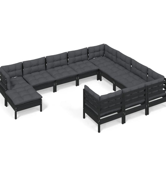 11-tlg. Garten-Lounge-Set mit Kissen Schwarz Kiefernholz