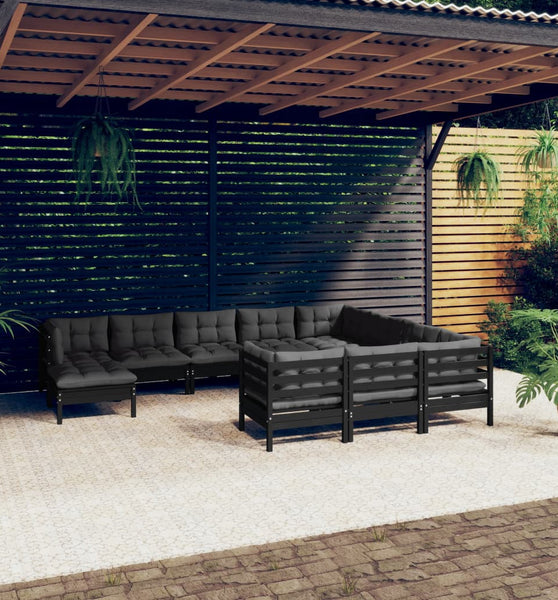 11-tlg. Garten-Lounge-Set mit Kissen Schwarz Kiefernholz