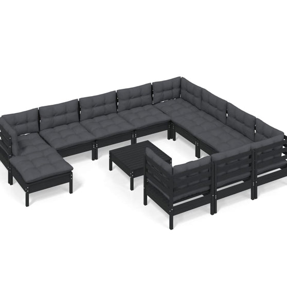 12-tlg. Garten-Lounge-Set mit Kissen Schwarz Kiefernholz