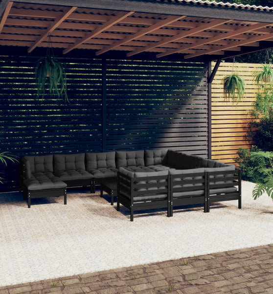 12-tlg. Garten-Lounge-Set mit Kissen Schwarz Kiefernholz