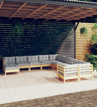 11-tlg. Garten-Lounge-Set mit Grauen Kissen Kiefernholz