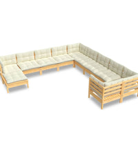 11-tlg. Garten-Lounge-Set mit Creme Kissen Kiefernholz