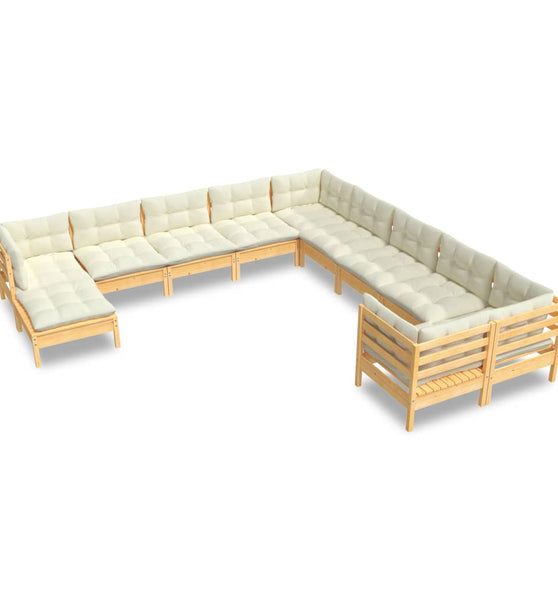 11-tlg. Garten-Lounge-Set mit Creme Kissen Kiefernholz