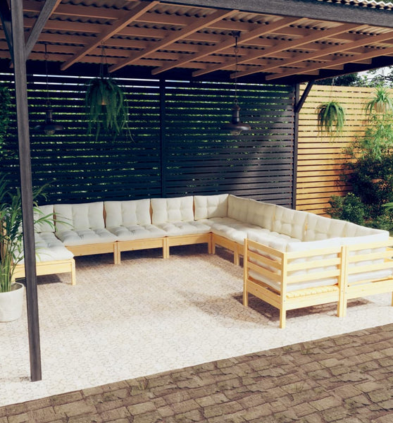 11-tlg. Garten-Lounge-Set mit Creme Kissen Kiefernholz