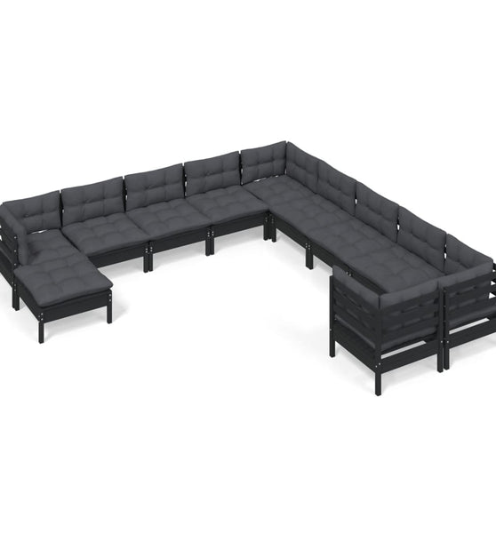 11-tlg. Garten-Lounge-Set mit Kissen Schwarz Kiefernholz