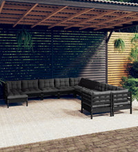 11-tlg. Garten-Lounge-Set mit Kissen Schwarz Kiefernholz