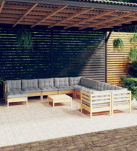 12-tlg. Garten-Lounge-Set mit Grauen Kissen Kiefernholz