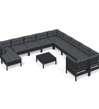 12-tlg. Garten-Lounge-Set mit Kissen Schwarz Kiefernholz