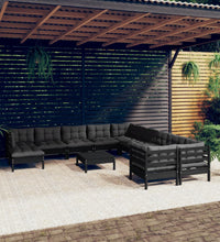 12-tlg. Garten-Lounge-Set mit Kissen Schwarz Kiefernholz