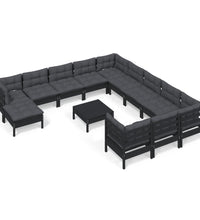 13-tlg. Garten-Lounge-Set mit Kissen Schwarz Kiefernholz