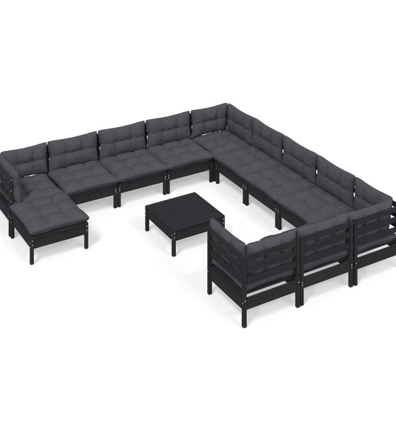 13-tlg. Garten-Lounge-Set mit Kissen Schwarz Kiefernholz