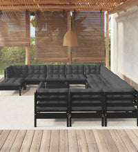 13-tlg. Garten-Lounge-Set mit Kissen Schwarz Kiefernholz