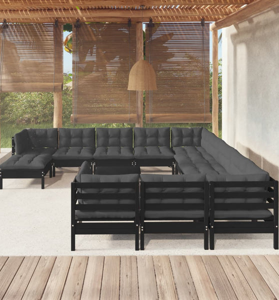 13-tlg. Garten-Lounge-Set mit Kissen Schwarz Kiefernholz