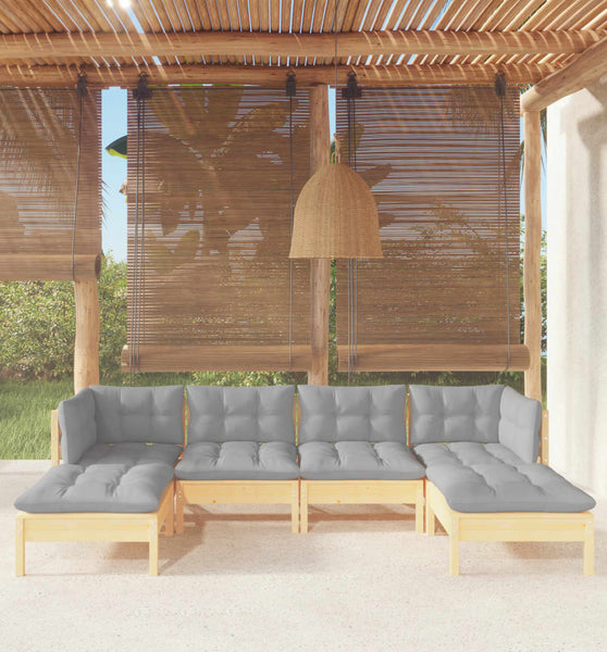 6-tlg. Garten-Lounge-Set mit Grauen Kissen Kiefernholz