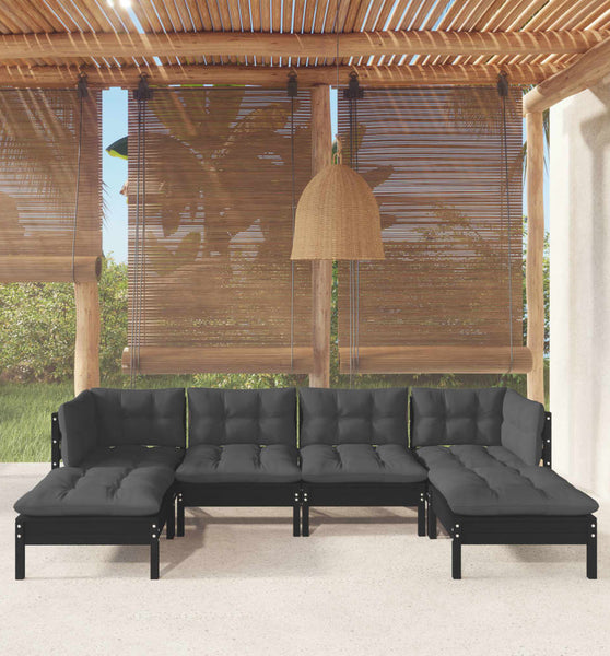 6-tlg. Garten-Lounge-Set mit Kissen Schwarz Kiefernholz