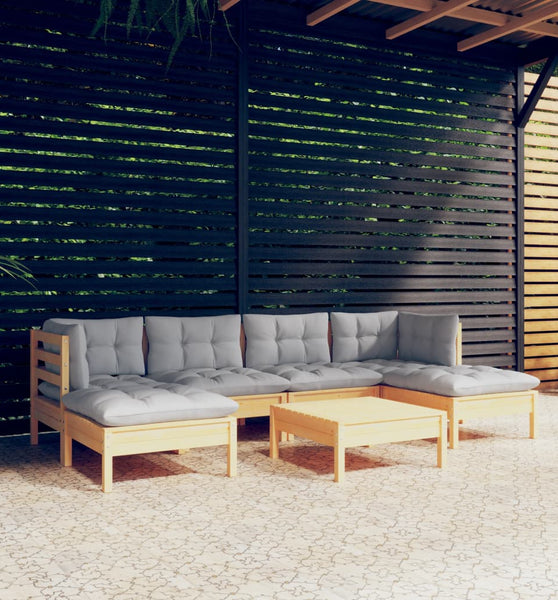 7-tlg. Garten-Lounge-Set mit Grauen Kissen Kiefernholz