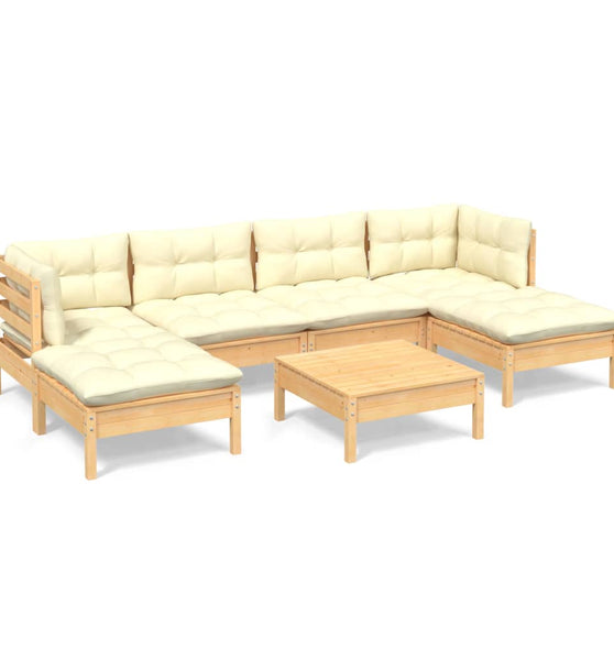 7-tlg. Garten-Lounge-Set mit Creme Kissen Kiefernholz