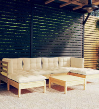 7-tlg. Garten-Lounge-Set mit Creme Kissen Kiefernholz