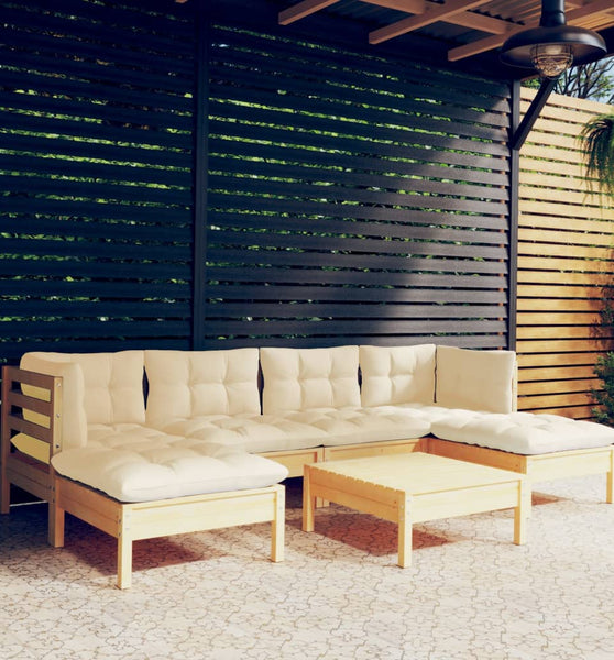 7-tlg. Garten-Lounge-Set mit Creme Kissen Kiefernholz