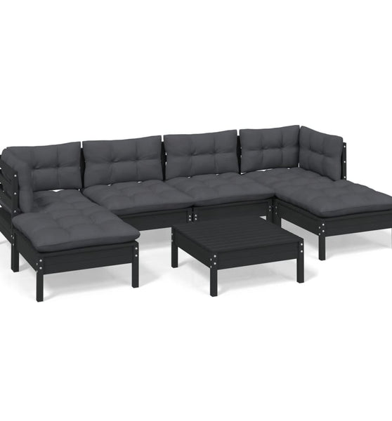 7-tlg. Garten-Lounge-Set mit Kissen Schwarz Kiefernholz