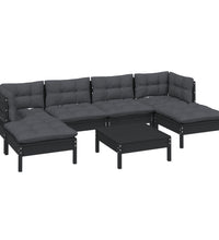 7-tlg. Garten-Lounge-Set mit Kissen Schwarz Kiefernholz