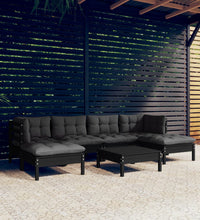 7-tlg. Garten-Lounge-Set mit Kissen Schwarz Kiefernholz