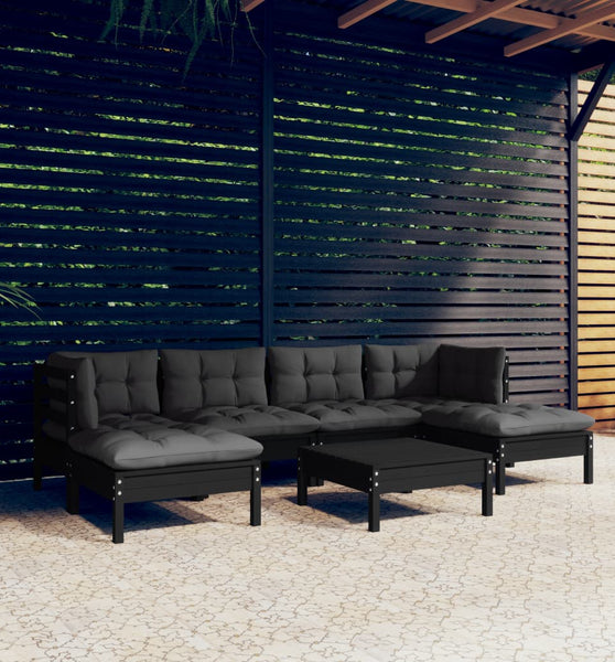 7-tlg. Garten-Lounge-Set mit Kissen Schwarz Kiefernholz