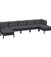 7-tlg. Garten-Lounge-Set mit Kissen Schwarz Kiefernholz