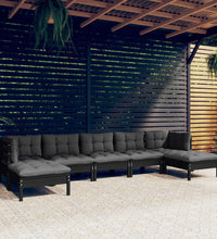 7-tlg. Garten-Lounge-Set mit Kissen Schwarz Kiefernholz