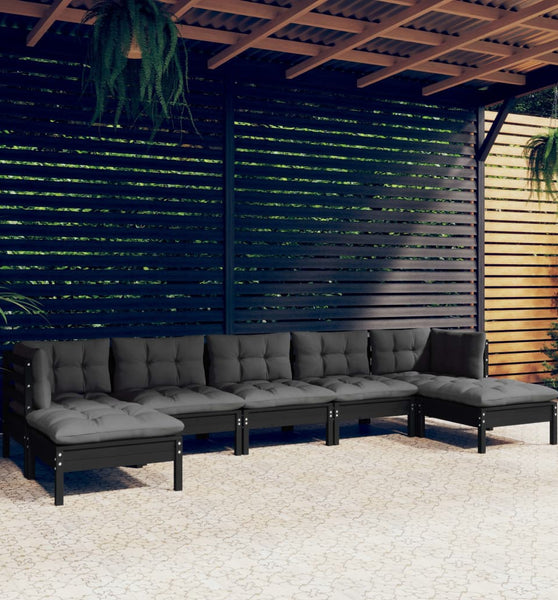 7-tlg. Garten-Lounge-Set mit Kissen Schwarz Kiefernholz