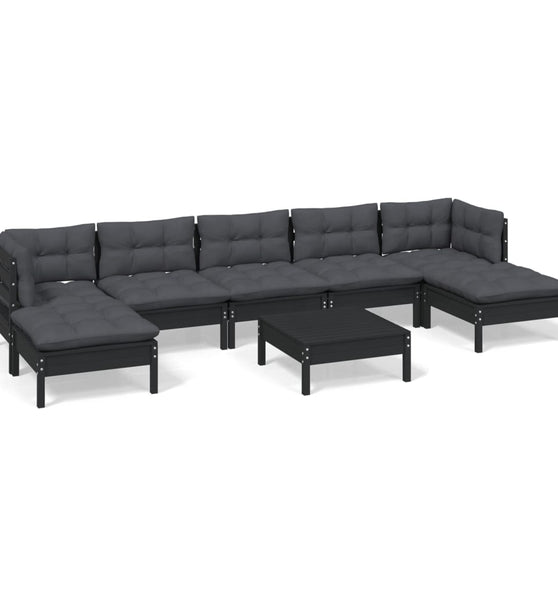 8-tlg. Garten-Lounge-Set mit Kissen Schwarz Kiefernholz