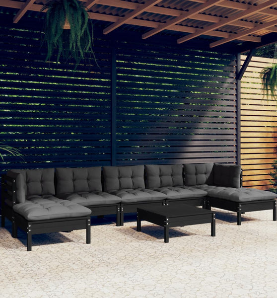 8-tlg. Garten-Lounge-Set mit Kissen Schwarz Kiefernholz