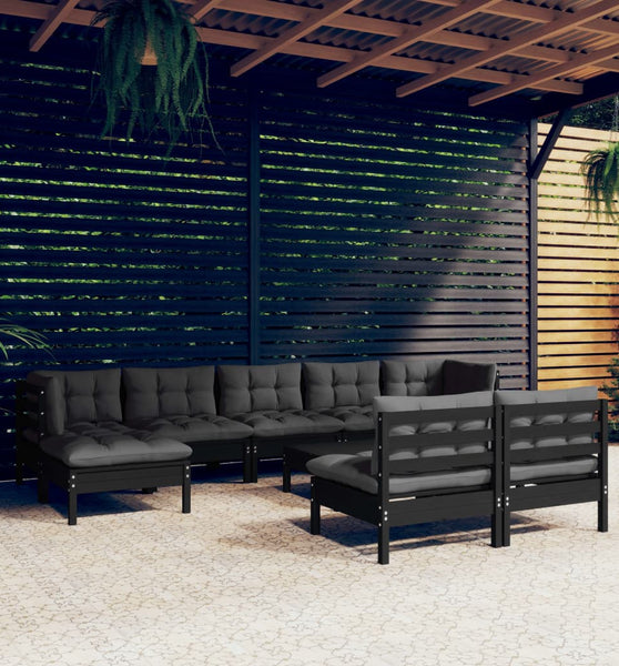 10-tlg. Garten-Lounge-Set mit Kissen Schwarz Kiefernholz