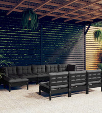 10-tlg. Garten-Lounge-Set mit Kissen Schwarz Kiefernholz