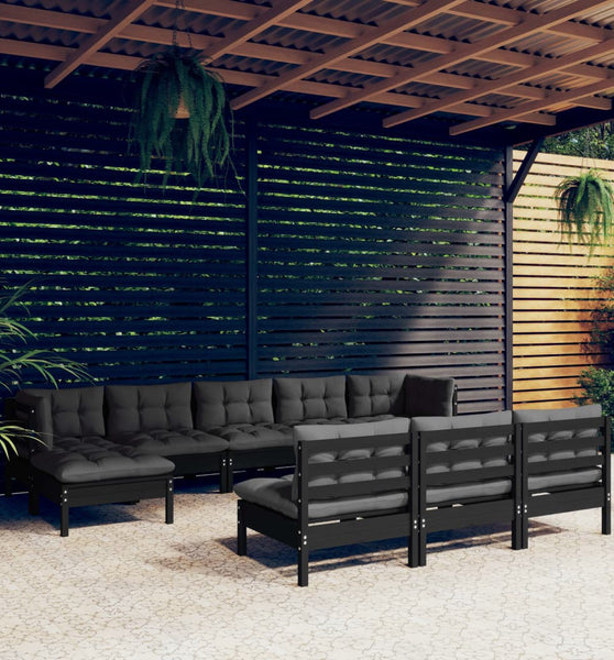 10-tlg. Garten-Lounge-Set mit Kissen Schwarz Kiefernholz