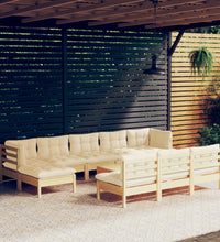 11-tlg. Garten-Lounge-Set mit Creme Kissen Kiefernholz