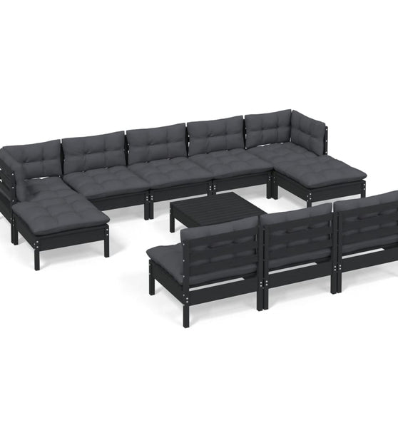 11-tlg. Garten-Lounge-Set mit Kissen Schwarz Kiefernholz