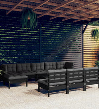 11-tlg. Garten-Lounge-Set mit Kissen Schwarz Kiefernholz