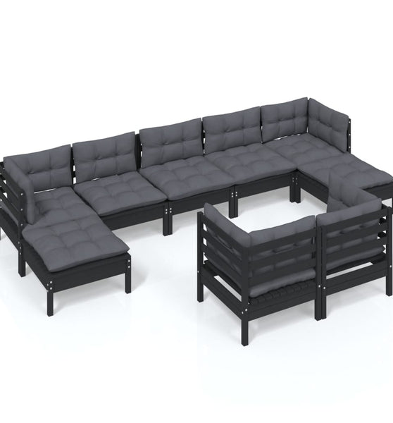 9-tlg. Garten-Lounge-Set mit Kissen Schwarz Kiefer Massivholz