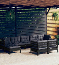 9-tlg. Garten-Lounge-Set mit Kissen Schwarz Kiefer Massivholz