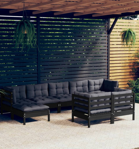 9-tlg. Garten-Lounge-Set mit Kissen Schwarz Kiefer Massivholz