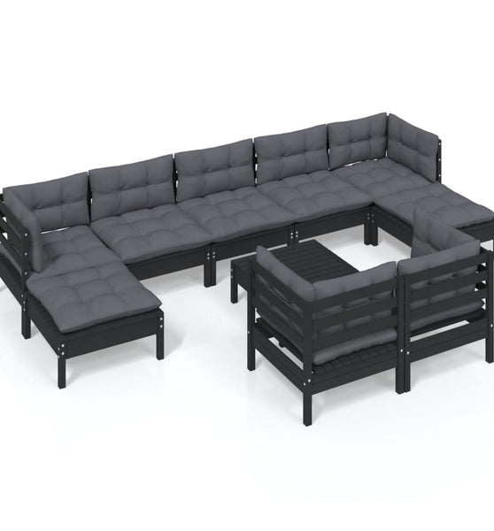 10-tlg. Garten-Lounge-Set mit Kissen Schwarz Kiefer Massivholz