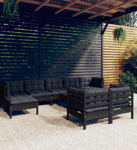 10-tlg. Garten-Lounge-Set mit Kissen Schwarz Kiefer Massivholz