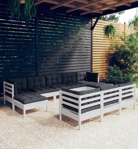 10-tlg. Garten-Lounge-Set mit Kissen Weiß Kiefer Massivholz