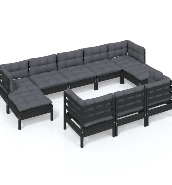 10-tlg. Garten-Lounge-Set mit Kissen Schwarz Kiefer Massivholz