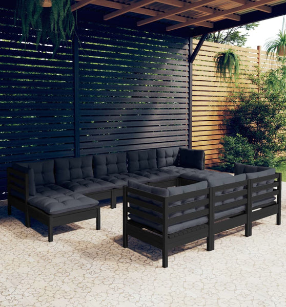 10-tlg. Garten-Lounge-Set mit Kissen Schwarz Kiefer Massivholz