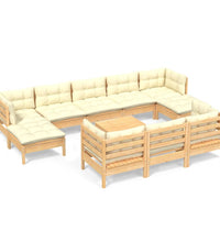 11-tlg. Garten-Lounge-Set mit Creme Kissen Massivholz Kiefer