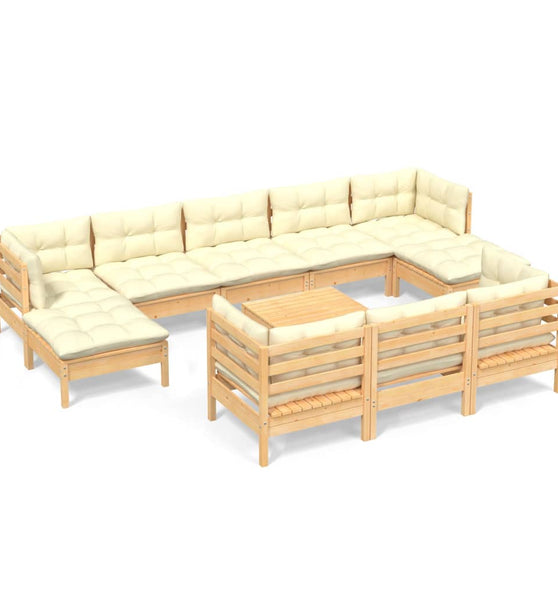 11-tlg. Garten-Lounge-Set mit Creme Kissen Massivholz Kiefer