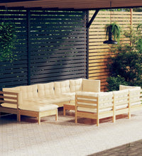 11-tlg. Garten-Lounge-Set mit Creme Kissen Massivholz Kiefer