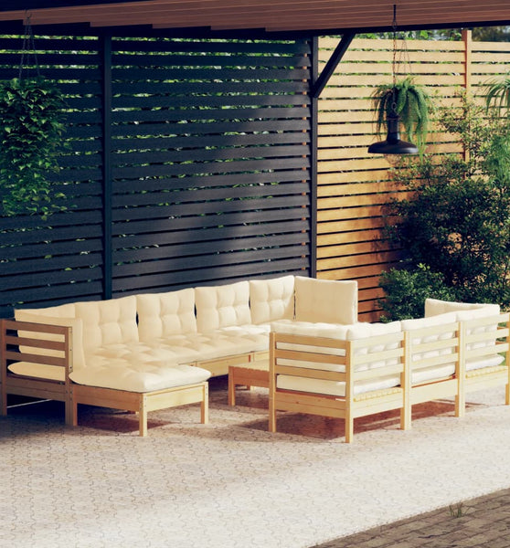 11-tlg. Garten-Lounge-Set mit Creme Kissen Massivholz Kiefer